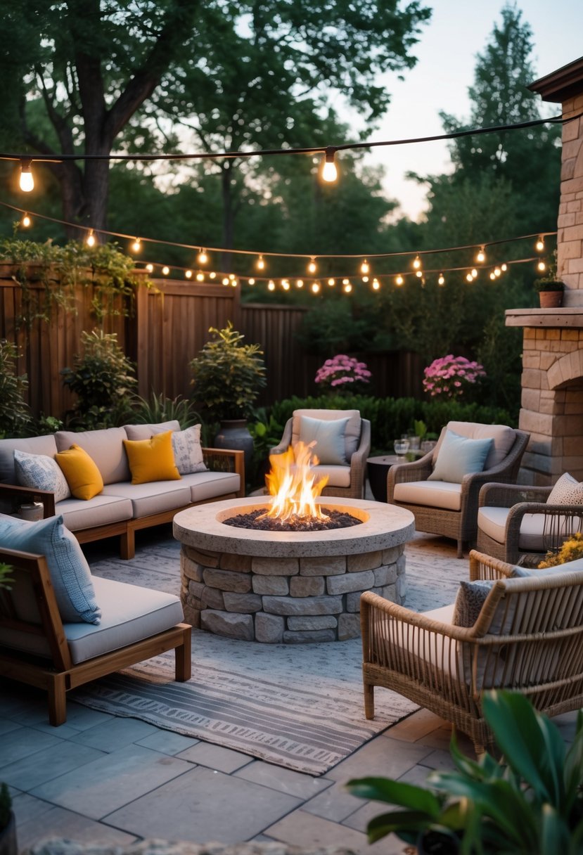 Backyard with a central fire pit surrounded by six different types of seating including benches, chairs, sofas, and stone seats, with plants and outdoor lighting.