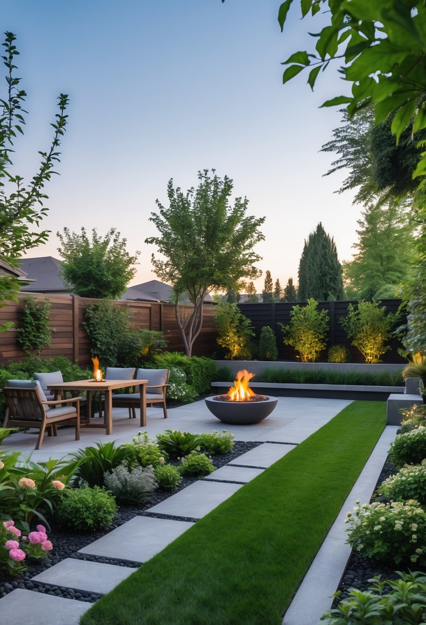 A well-designed backyard with outdoor seating, plants, a fire pit, stone pathways, and garden beds under clear daylight.