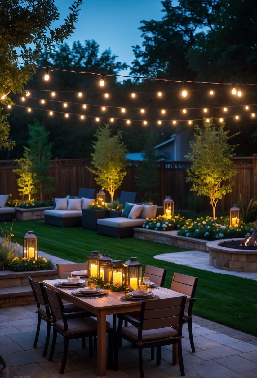 A backyard at dusk decorated with various lighting elements including string lights, lanterns, candles, a fire pit, solar garden lights, and uplighting among plants, creating a warm and inviting outdoor space.