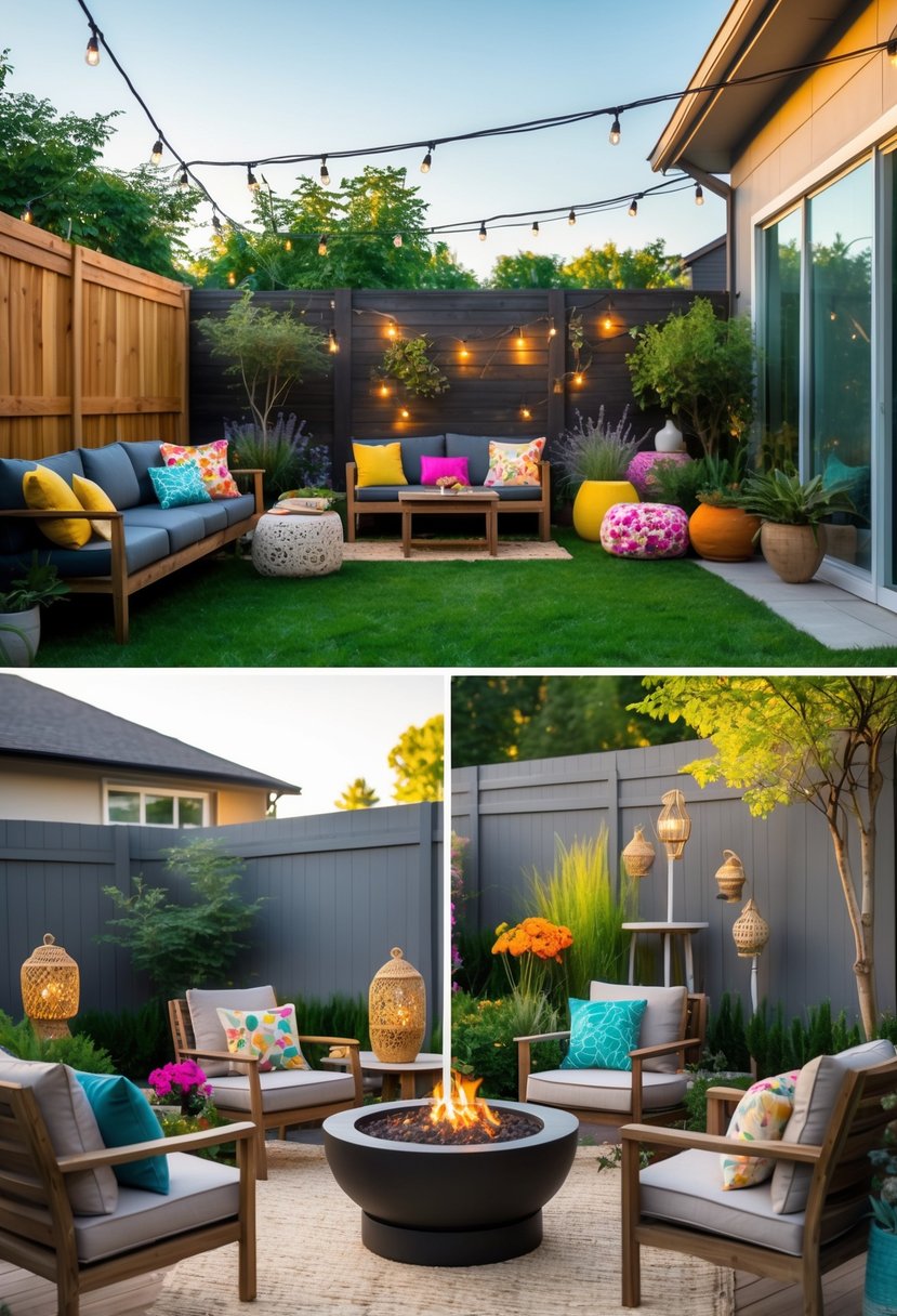 A backyard with seating area, string lights, flowers, lanterns, fire pit, and garden decorations.