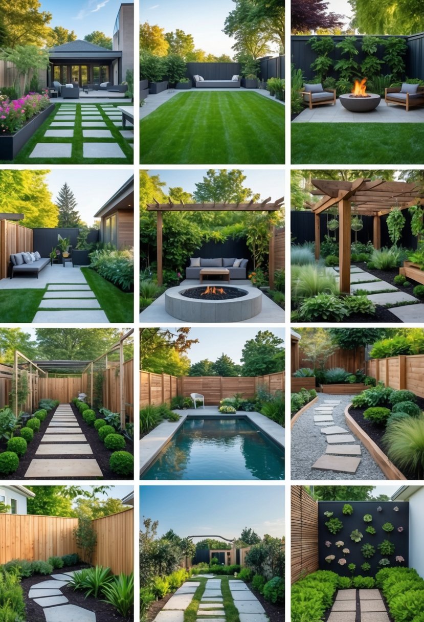 A collage of nine different backyard landscaping ideas including lawns, patios, water features, gardens, pergolas, stone paths, play areas, Zen garden, and vertical plant walls.