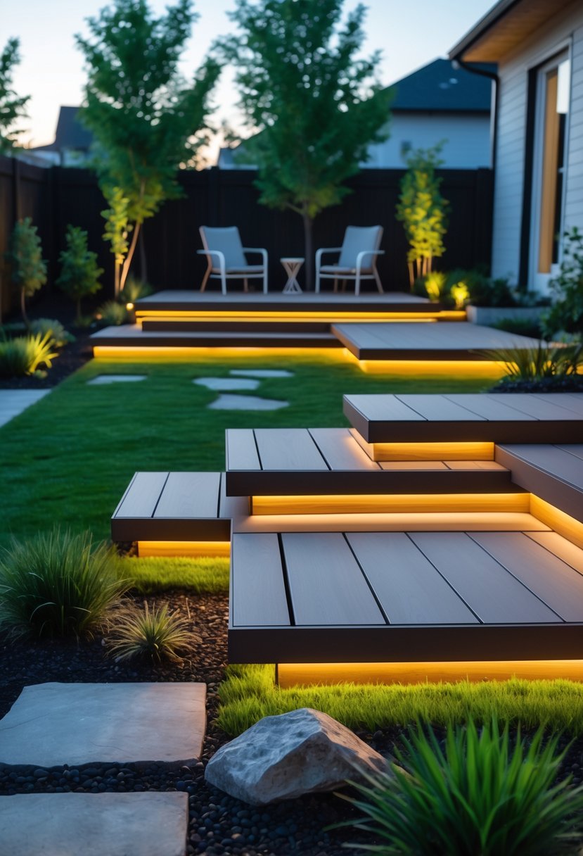 A backyard with multiple floating wooden decks illuminated by soft integrated lighting, surrounded by grass, plants, and outdoor furniture.