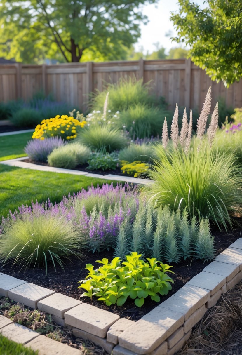 Backyard garden with native plants arranged in neat beds bordered by stone, surrounded by a lawn and wooden fence under natural sunlight.