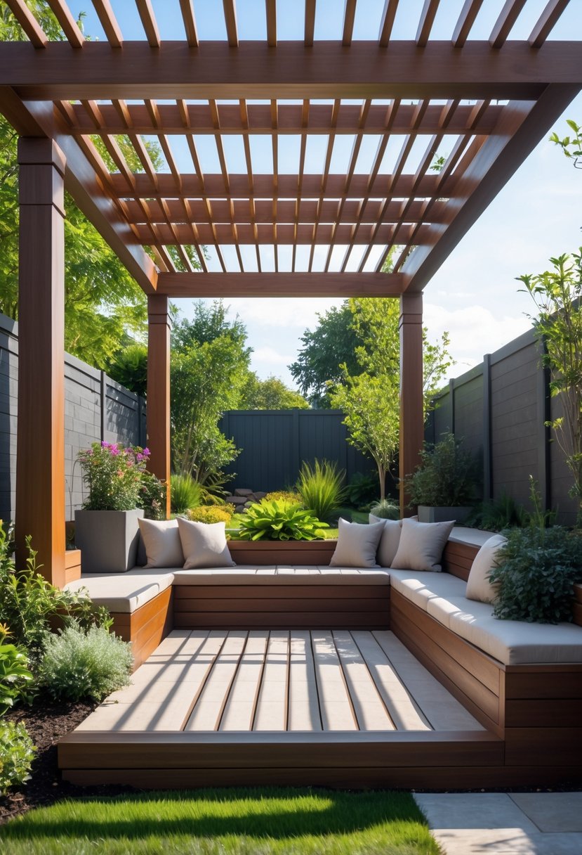 Backyard with built-in wooden seating under a slatted pergola surrounded by plants and greenery.