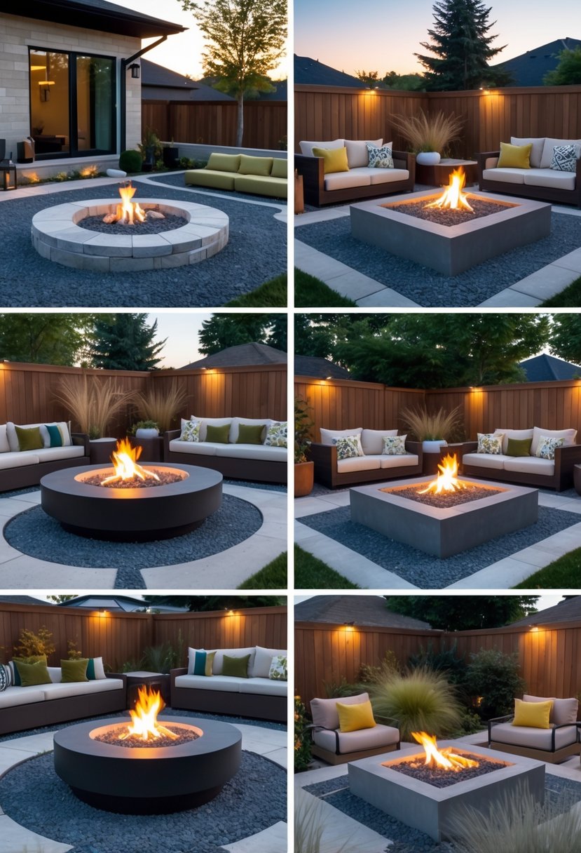 A backyard with several gravel fire pit areas surrounded by modern outdoor seating and landscaping plants.