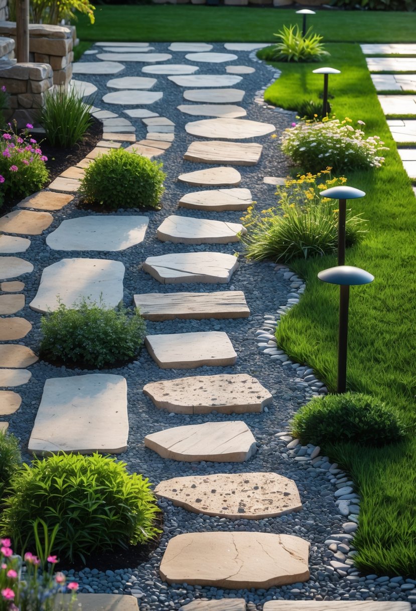 A backyard with nine different natural stone and gravel pathways surrounded by green grass and plants.