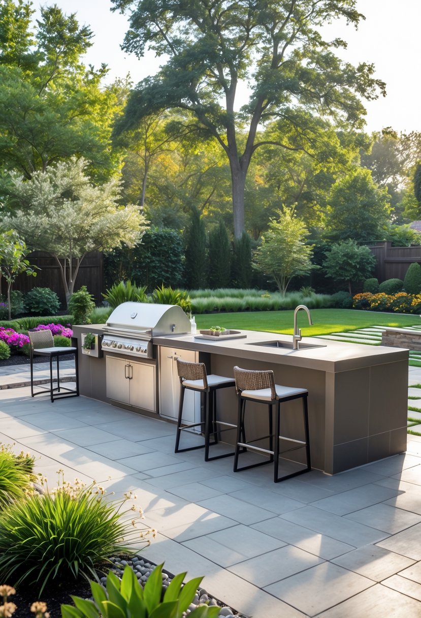 A backyard with an outdoor kitchen surrounded by plants, flowers, and a lawn.