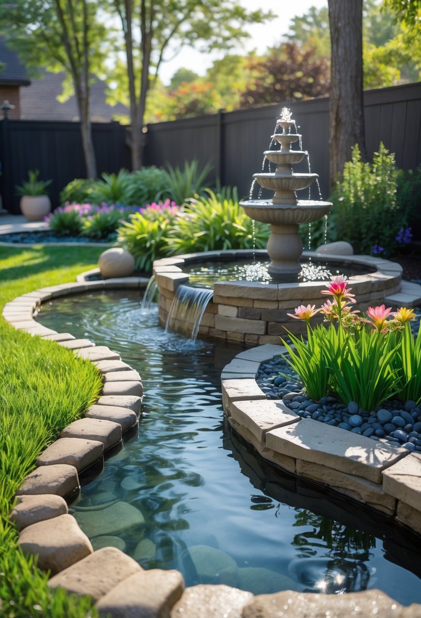 A backyard with a small pond, a tiered fountain, green grass, flowering plants, and trees.