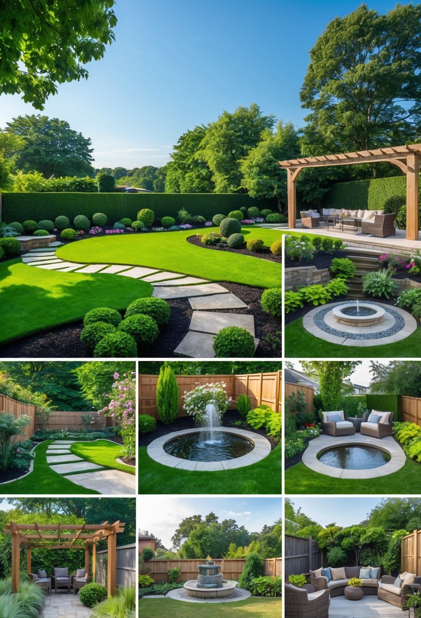 A backyard garden with green lawn, flower beds, shrubs, stone pathway, water feature, pergola, seating area, and trees.