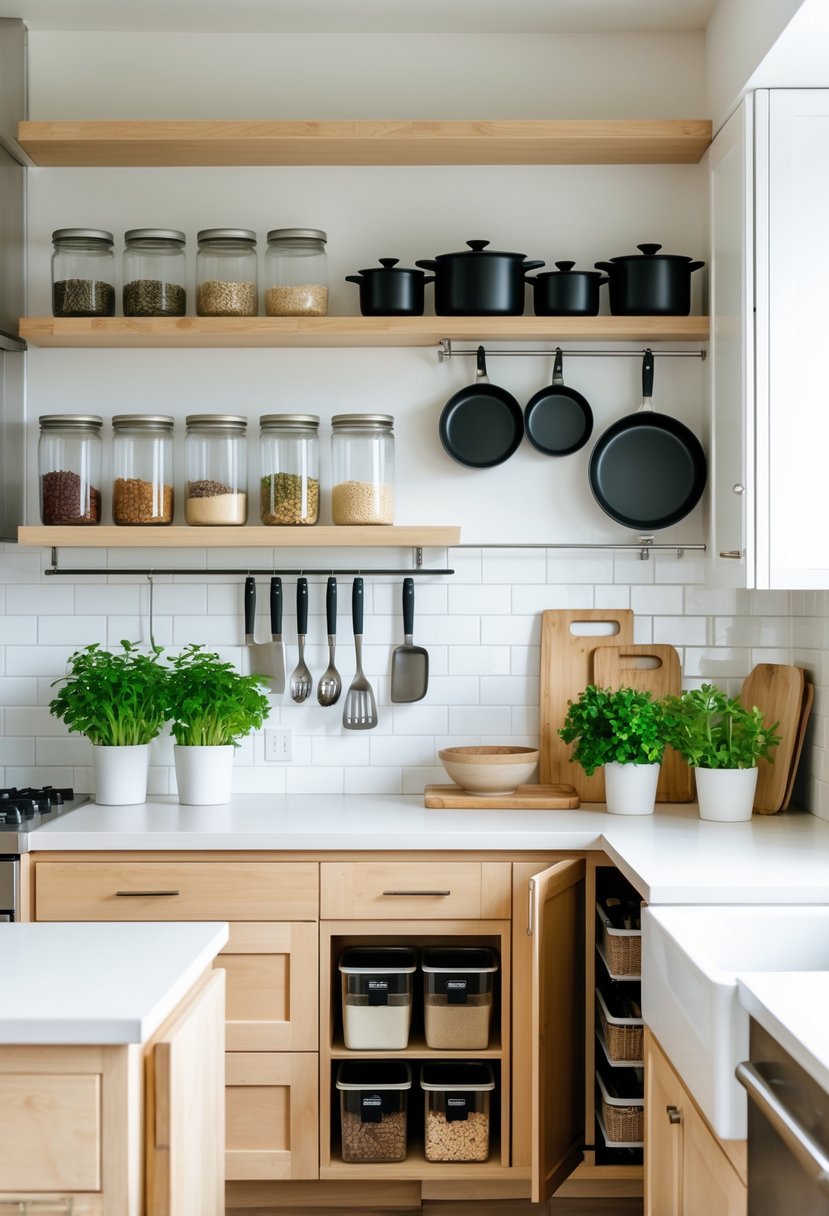 A modern kitchen displaying seven different ways to organize items, including glass jars, labeled baskets, magnetic knife strip, hanging pots, pull-out spice racks, stackable containers, and a tidy countertop.