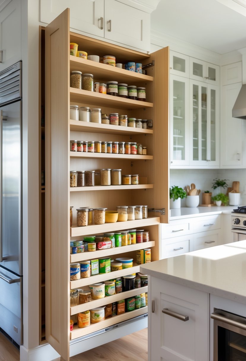 A modern kitchen with a pull-out pantry shelf extended, showing organized food items inside.