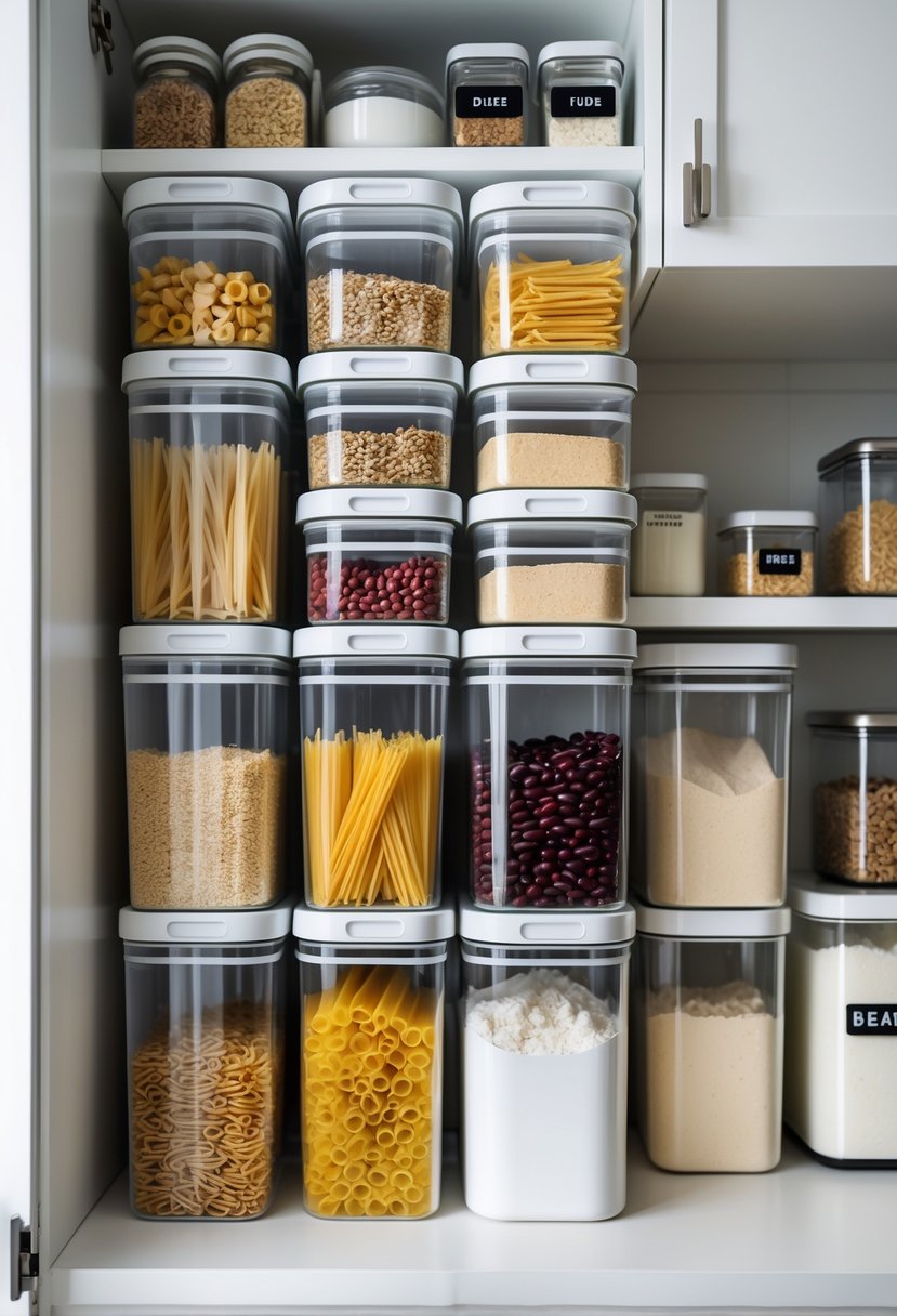 Open kitchen cabinet with clear stackable containers neatly arranged holding dry goods like pasta and rice.