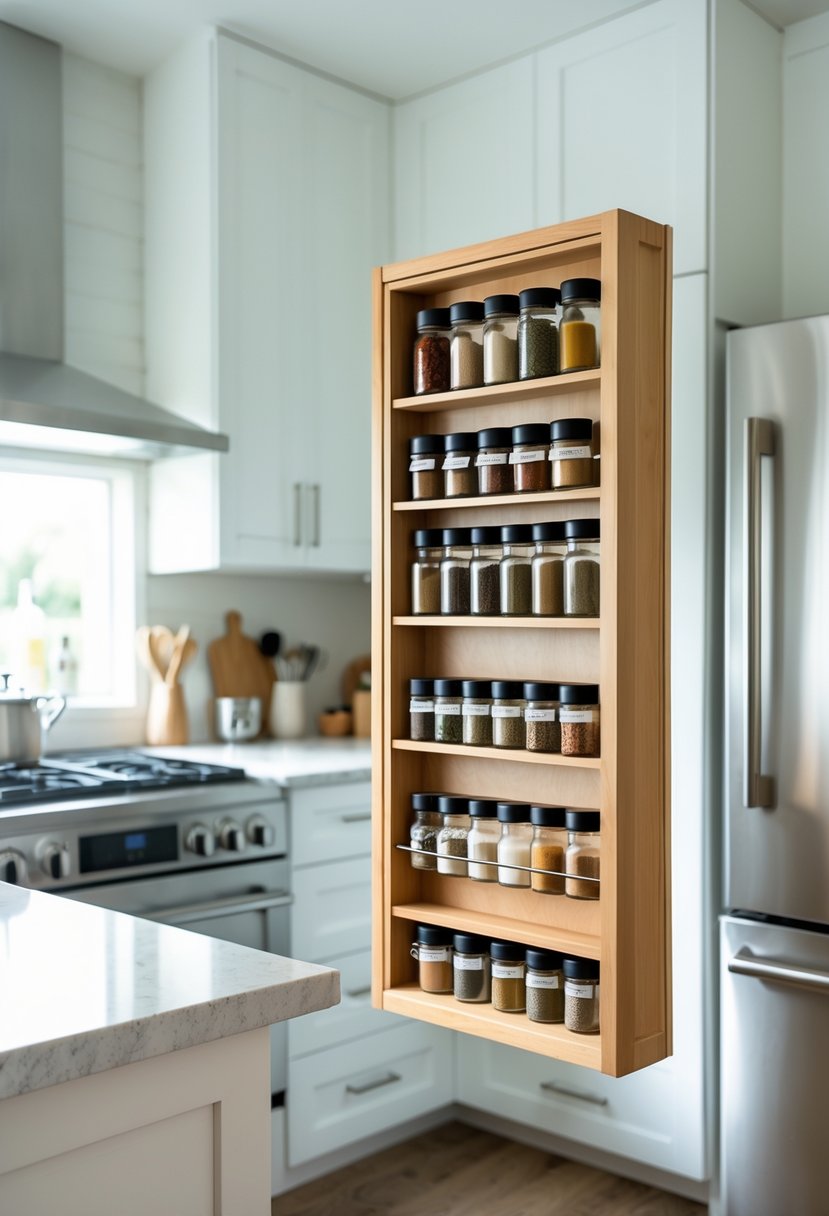 Open kitchen cabinet door with a mounted spice rack holding various spice jars inside.