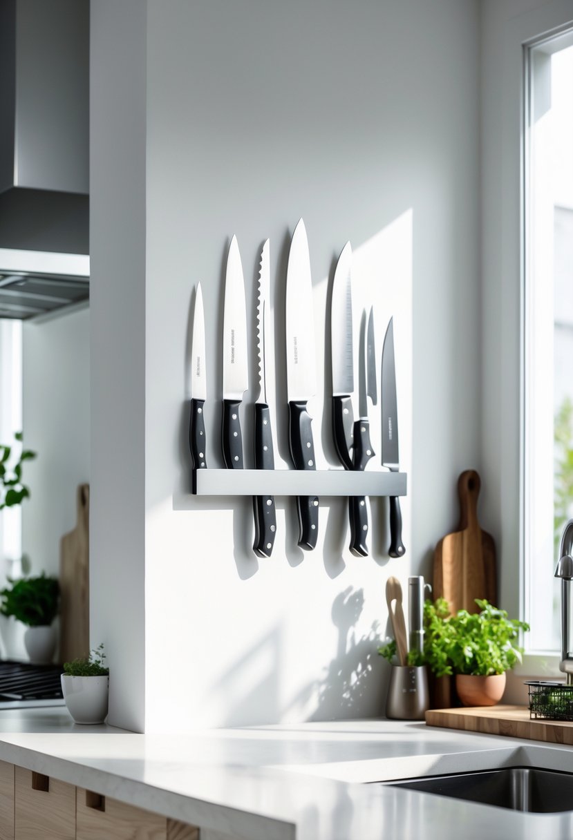 A modern kitchen with a magnetic knife strip on the wall holding knives, a clean countertop, and kitchen tools neatly arranged.