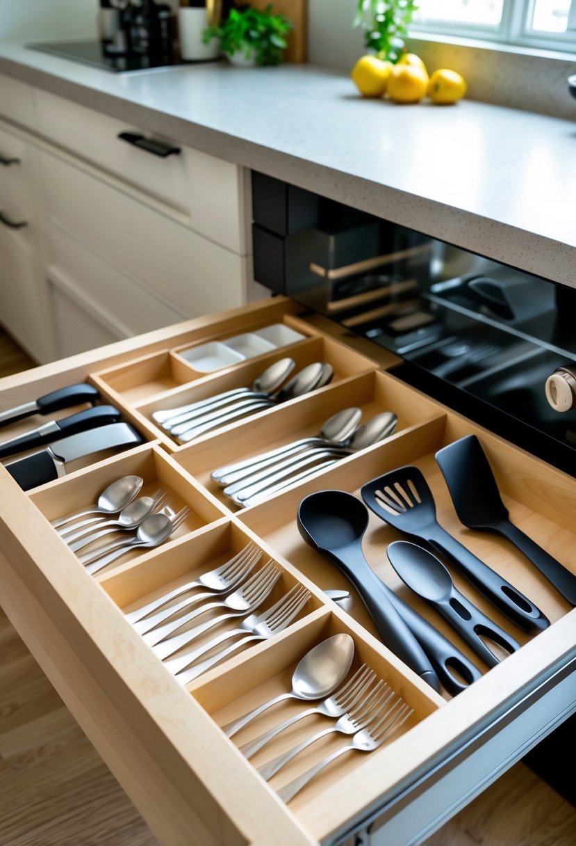 A kitchen drawer with dividers neatly organizing utensils and kitchen tools.