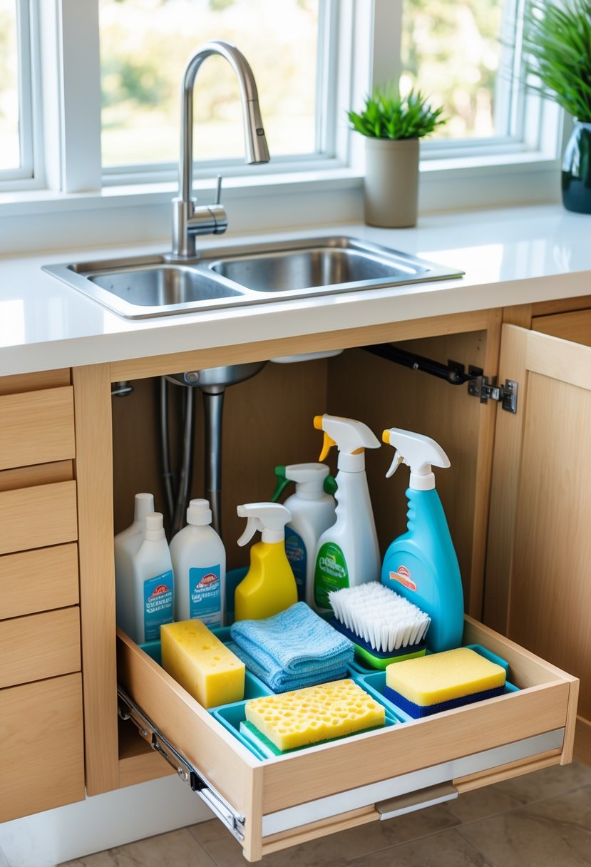 Open under-sink cabinet with a pull-out organizer holding cleaning supplies in a modern kitchen.