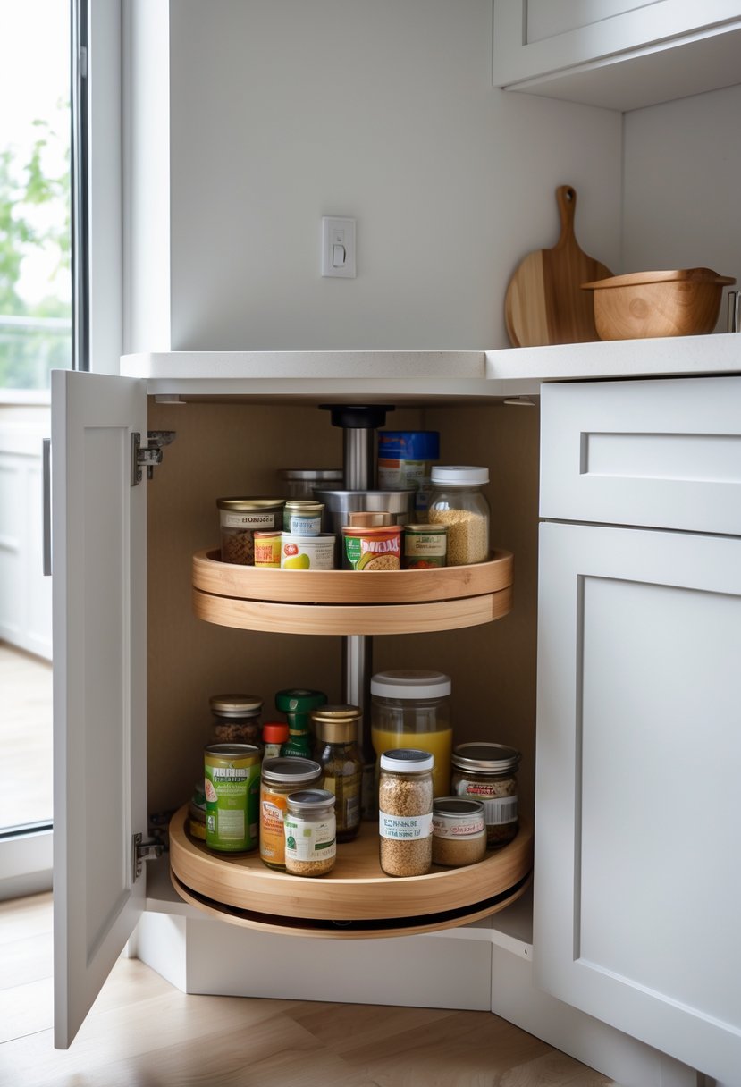 Open corner kitchen cabinet with a wooden lazy Susan holding neatly organized jars and containers.