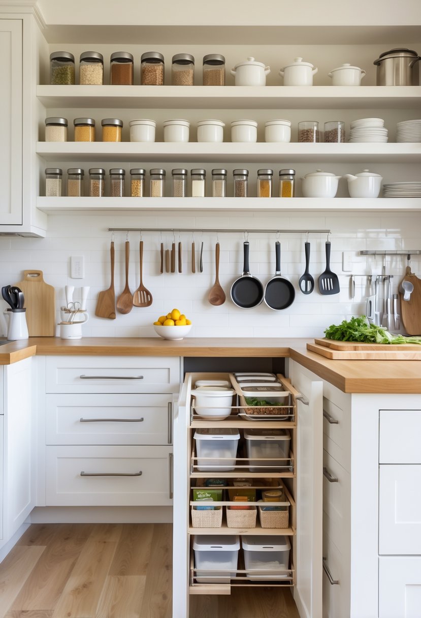 A modern kitchen with various organized storage solutions including labeled jars, spice rack, utensil drawers, hanging pots, clear storage bins, magnetic knife strip, and neatly arranged countertop tools.