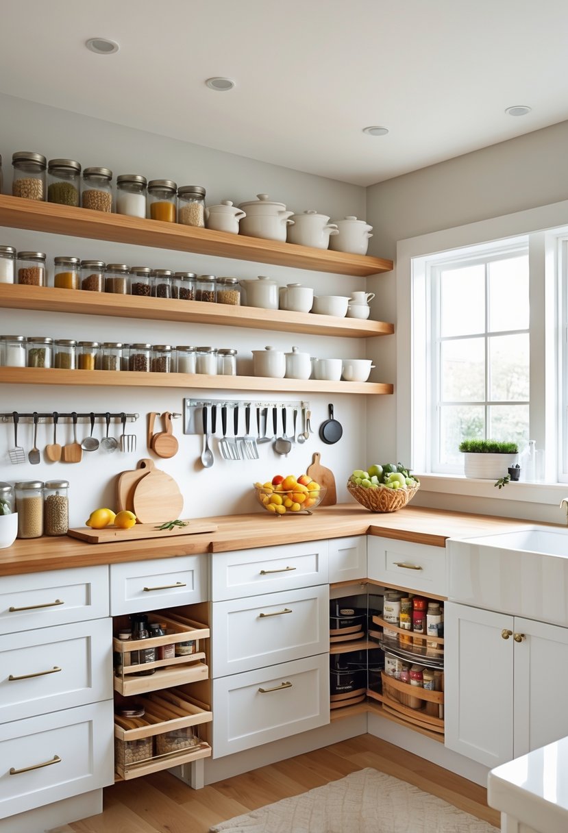 A modern kitchen showing seven different ways to organize kitchen items neatly and efficiently.