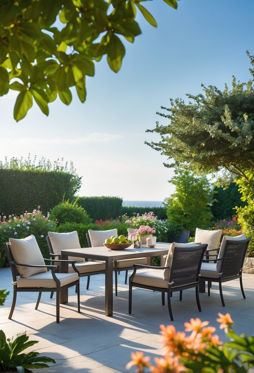 An outdoor patio with a six-piece dining furniture set surrounded by plants and greenery.