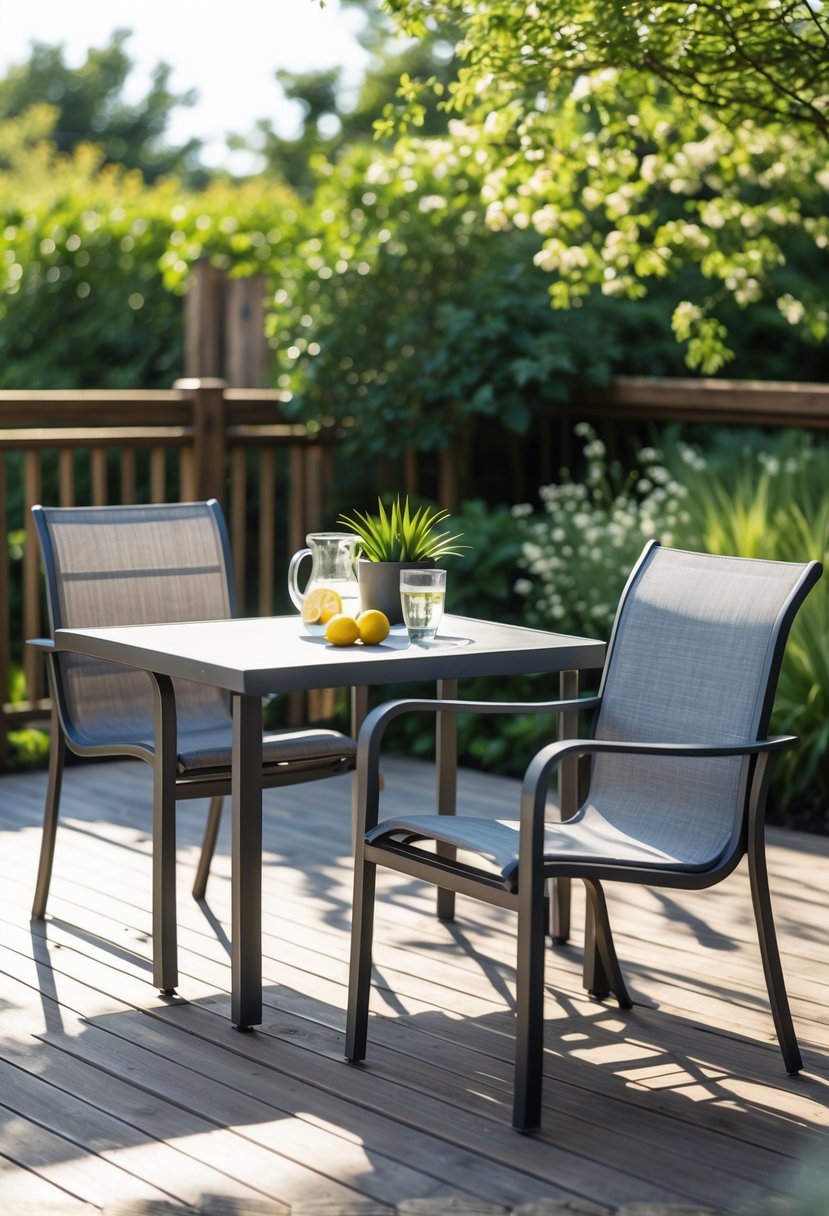 Outdoor patio with two sling chairs and a table on a wooden deck surrounded by green plants and sunlight.