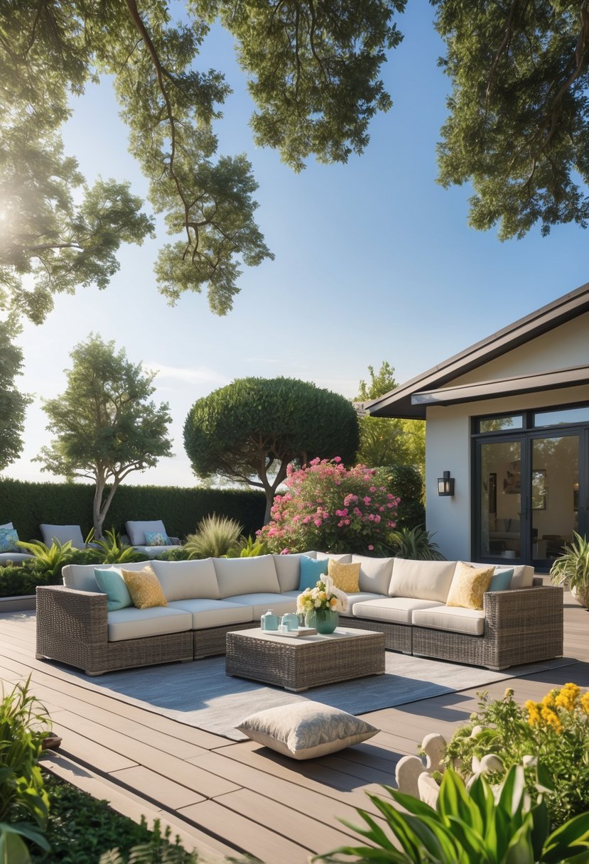 A spacious outdoor patio with a large sectional sofa surrounded by greenery and flowers under a clear sky.