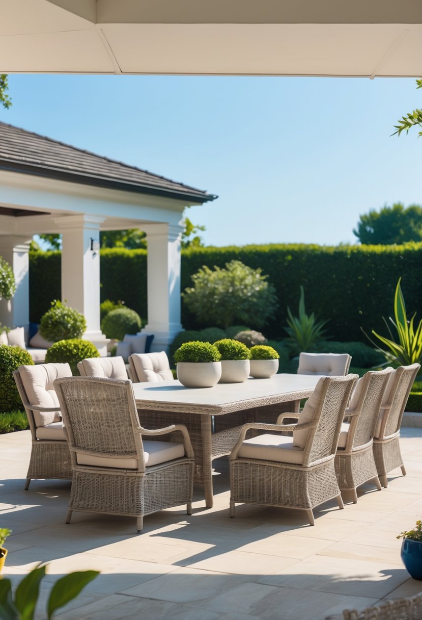 Outdoor patio with a large dining table and nine chairs surrounded by plants under a clear sky.