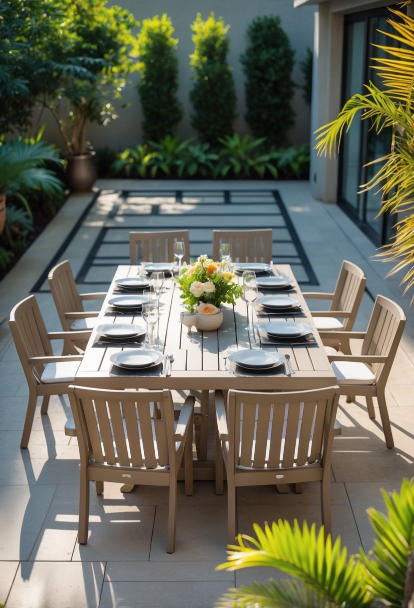 A 7-piece outdoor dining set on a patio surrounded by greenery with a table set for a meal.