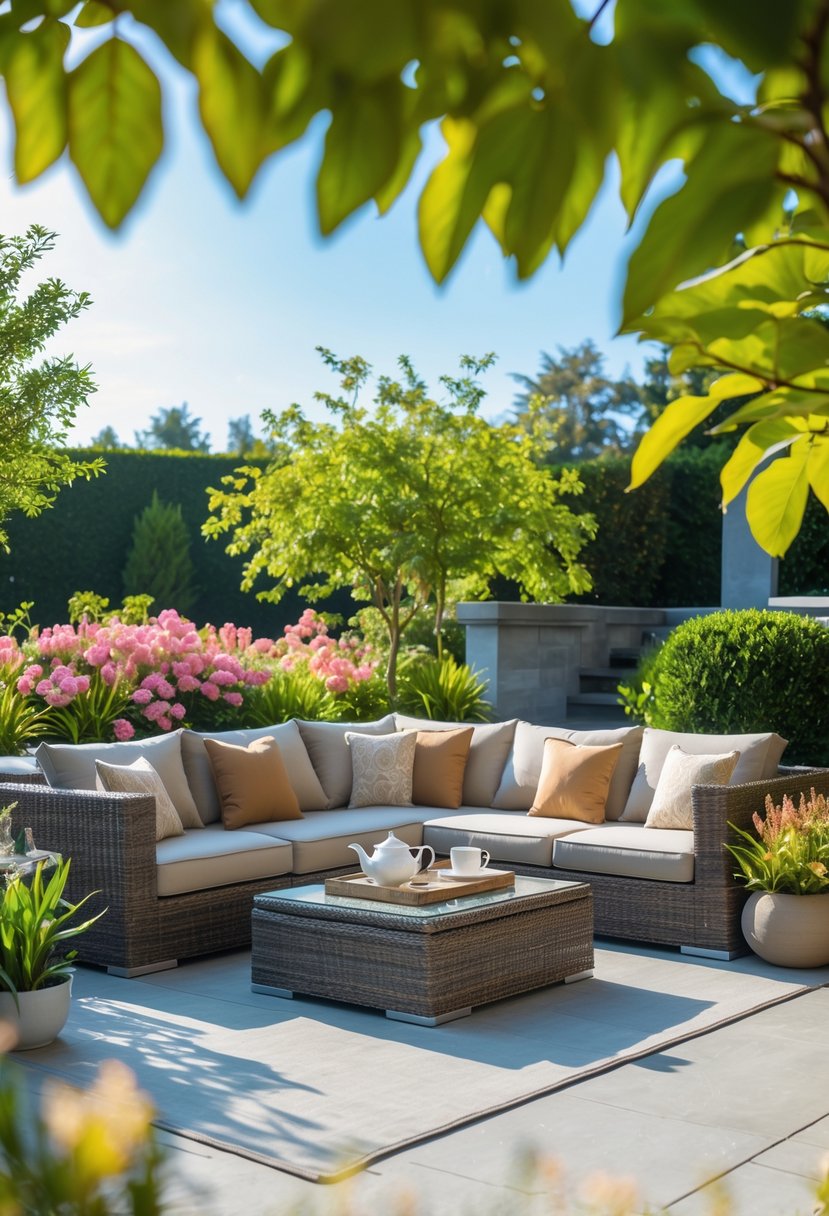 An outdoor patio with a large L-shaped wicker sectional sofa and a coffee table surrounded by plants and greenery.