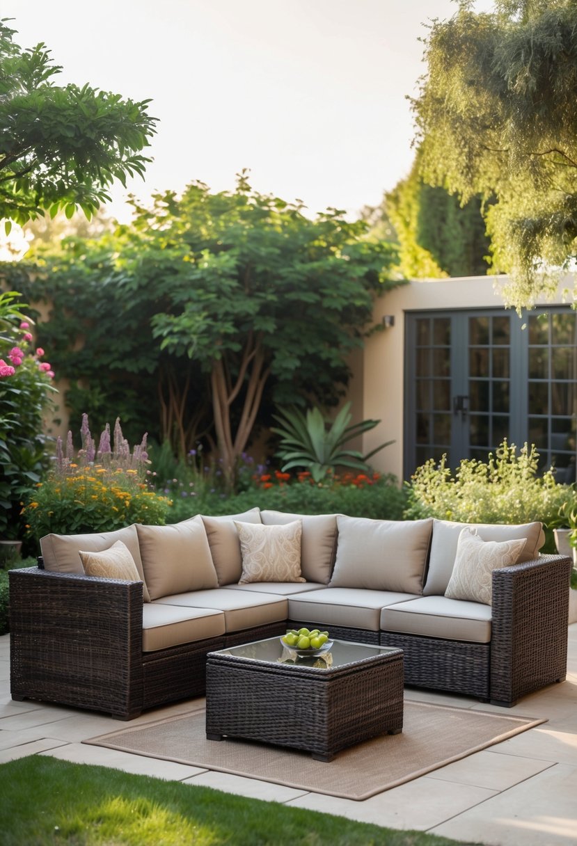 Outdoor patio with a large resin wicker furniture set including a sectional sofa, armchair, and coffee table surrounded by greenery.
