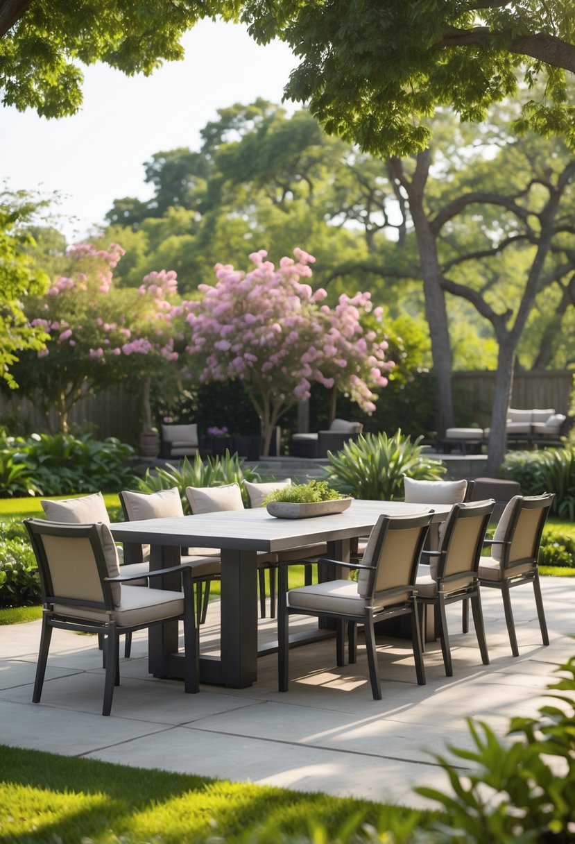 Outdoor patio with a large dining table and nine chairs surrounded by greenery and flowers.