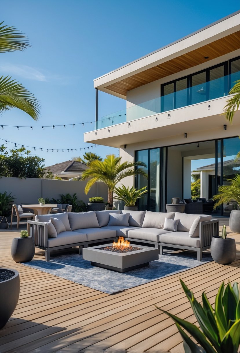 An outdoor patio with a large L-shaped sofa set, coffee table, fire pit, and greenery under a clear sky.