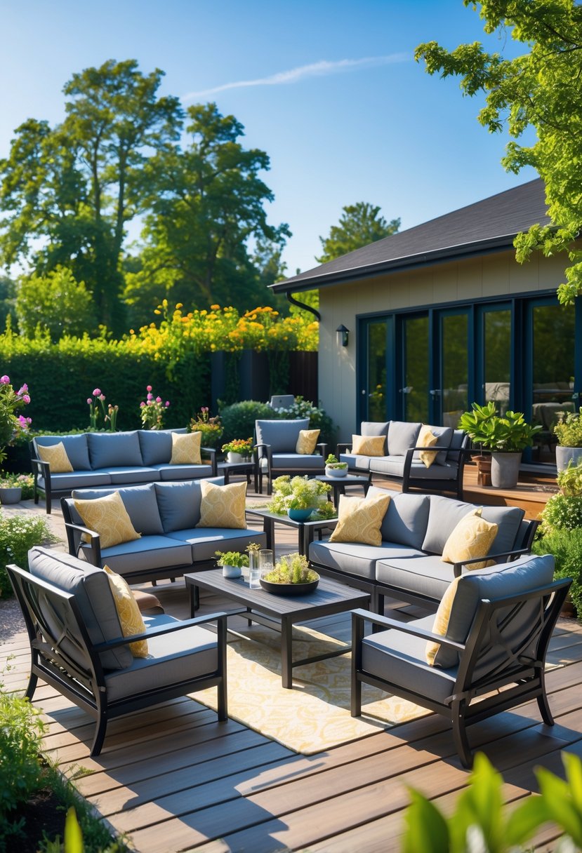 Outdoor patio with various seating arrangements including sofas, chairs, and a dining table surrounded by plants and a house in the background.