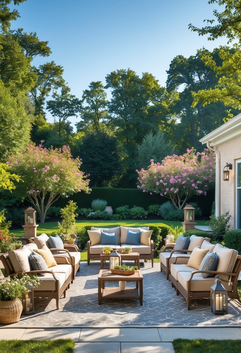 A backyard patio with nine different sets of outdoor furniture arranged on a grassy area surrounded by plants and trees under a clear blue sky.