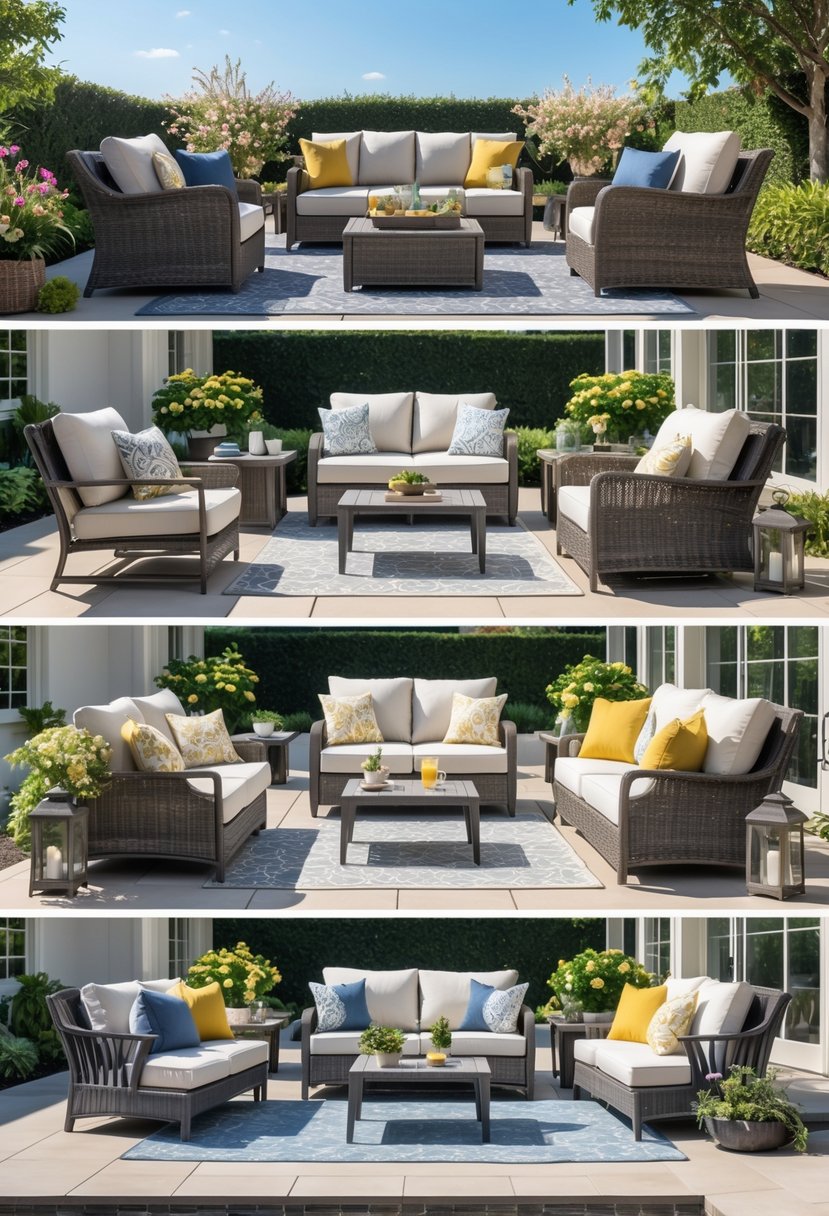 Nine different patio furniture sets arranged outdoors in a sunny backyard surrounded by plants.