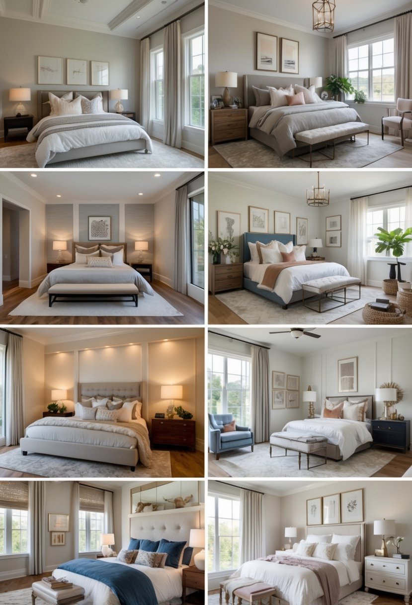 A collage showing ten different bedroom interiors with various furniture, lighting, and decor arrangements.