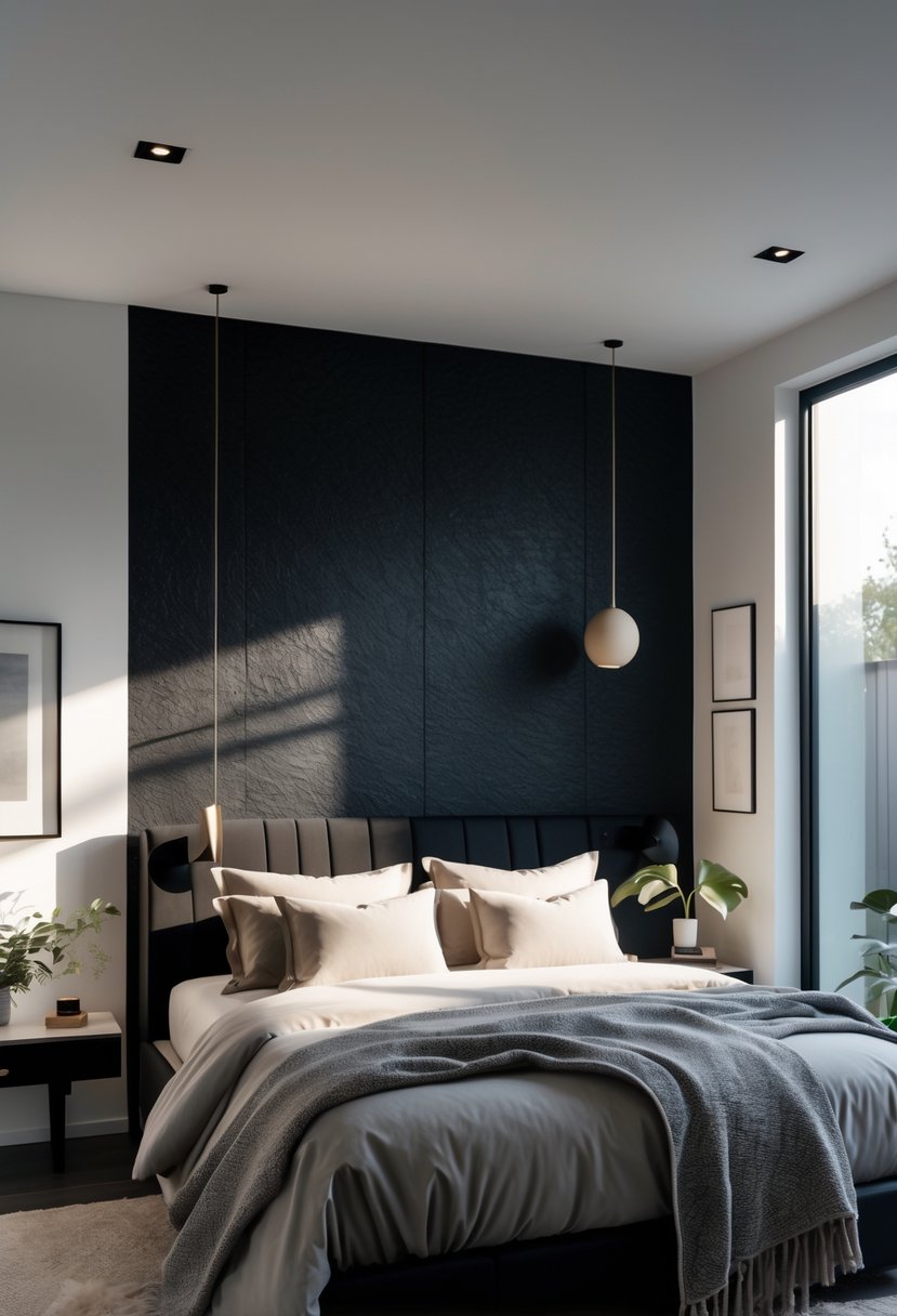 A bedroom with a dark feature wall behind a bed, natural light coming through windows, and minimalist furniture.