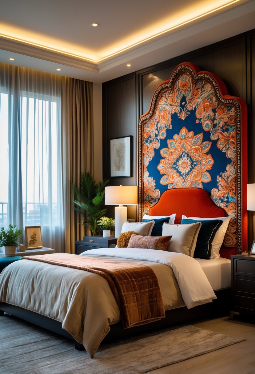 A bedroom with a large upholstered headboard featuring bold patterns, a neatly made bed, bedside tables with lamps, and natural light coming through windows.