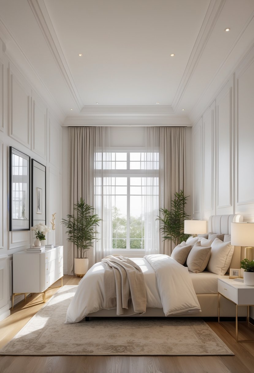 A bright bedroom with white paneled walls, a large bed, bedside tables, and natural light coming through windows.