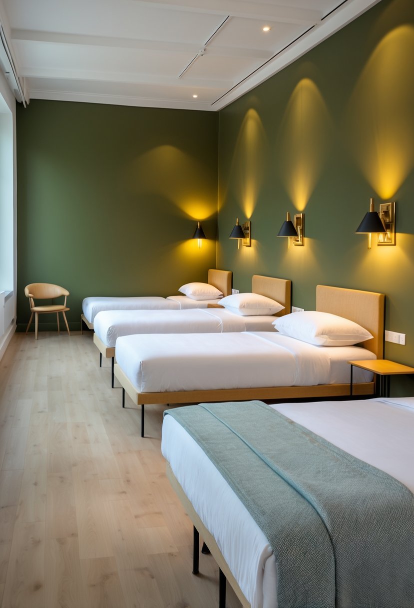 A large bedroom with olive green walls, ten beds with white linens, and metallic wall sconces providing warm light.