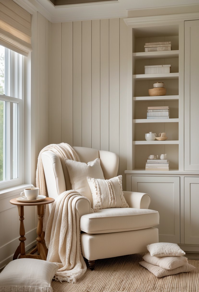 A cozy reading nook in a bedroom with a beige armchair, soft cushions, a small wooden side table with books and a cup, next to a large window letting in natural light.