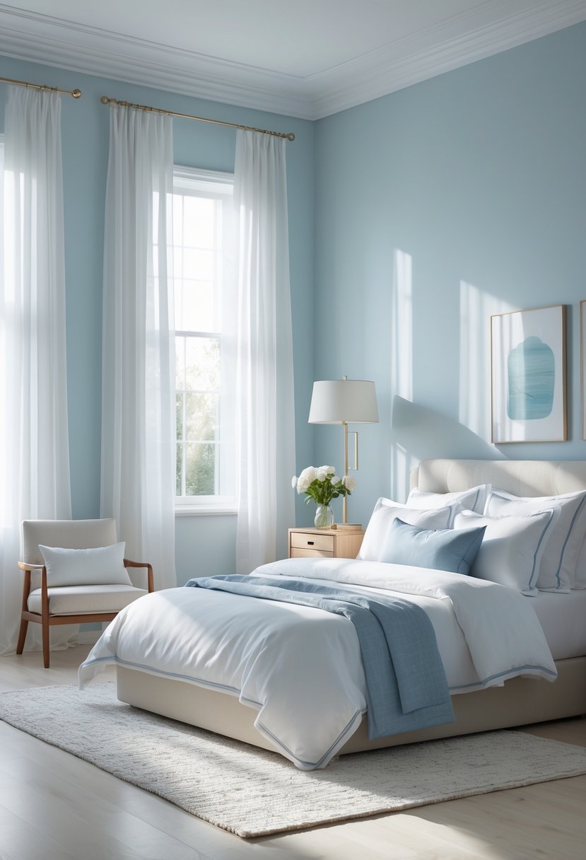 A bright bedroom with pale blue walls, a made bed, wooden bedside table, armchair, and natural light coming through large windows.