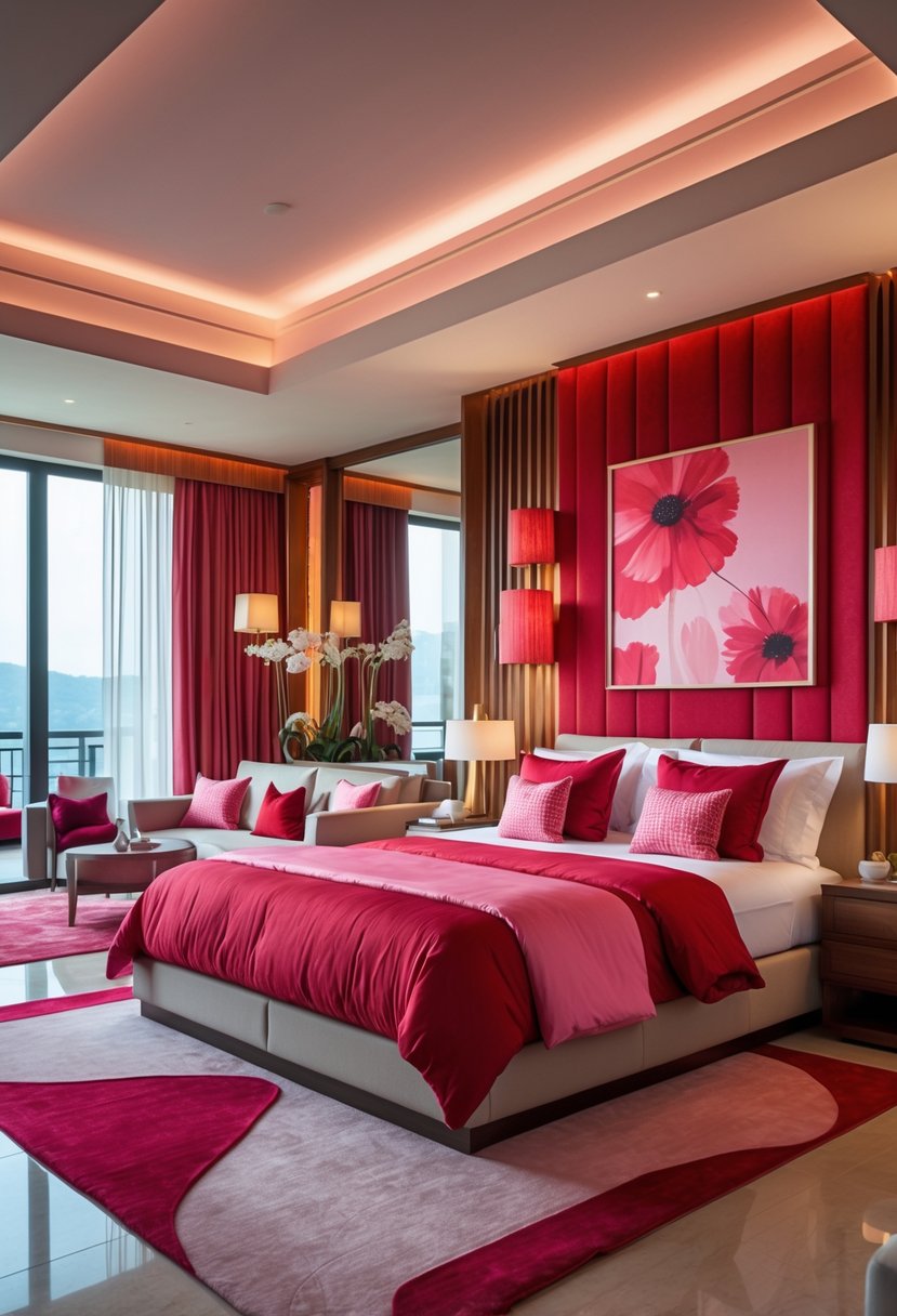 A spacious bedroom with a large bed featuring red and pink bedding, surrounded by matching curtains and decor, with additional bedrooms visible in the background.
