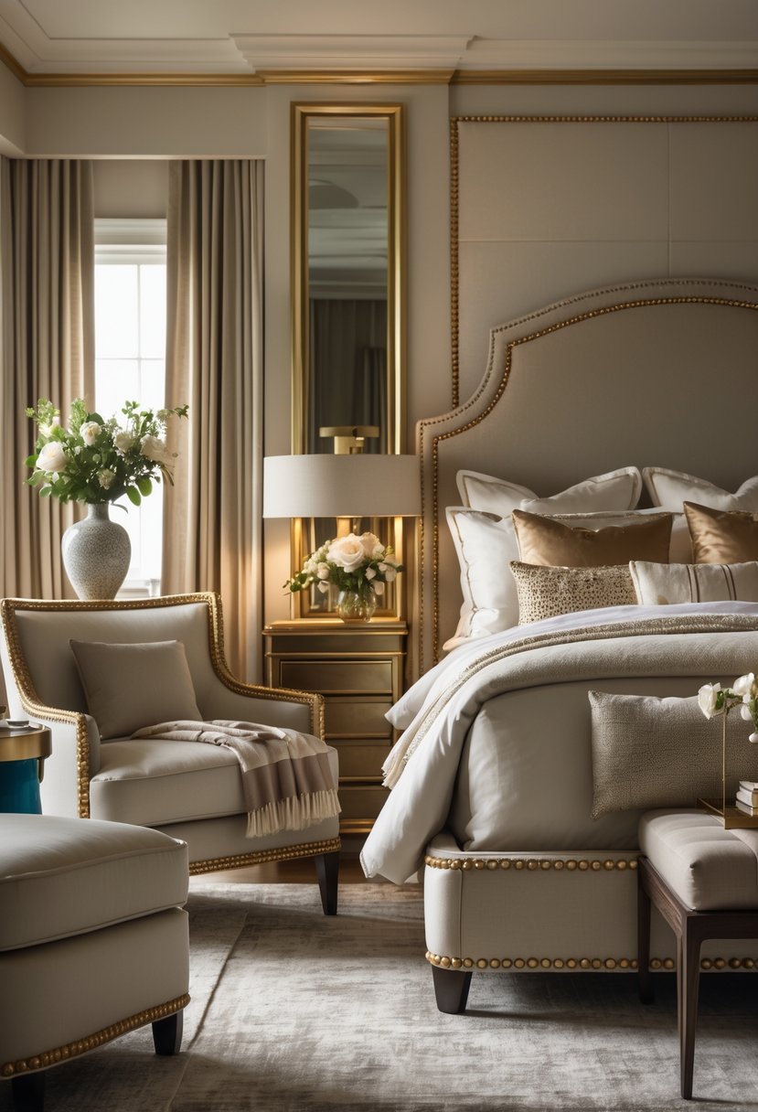 A spacious bedroom with a large bed, armchair, and bedside tables, all featuring gold nailhead trim on the furniture.