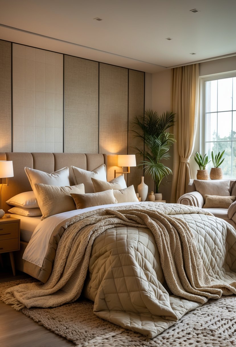 A bedroom with a large bed covered in layered textured fabrics, soft pillows, a cozy armchair, wooden nightstands, and natural light coming through a window.