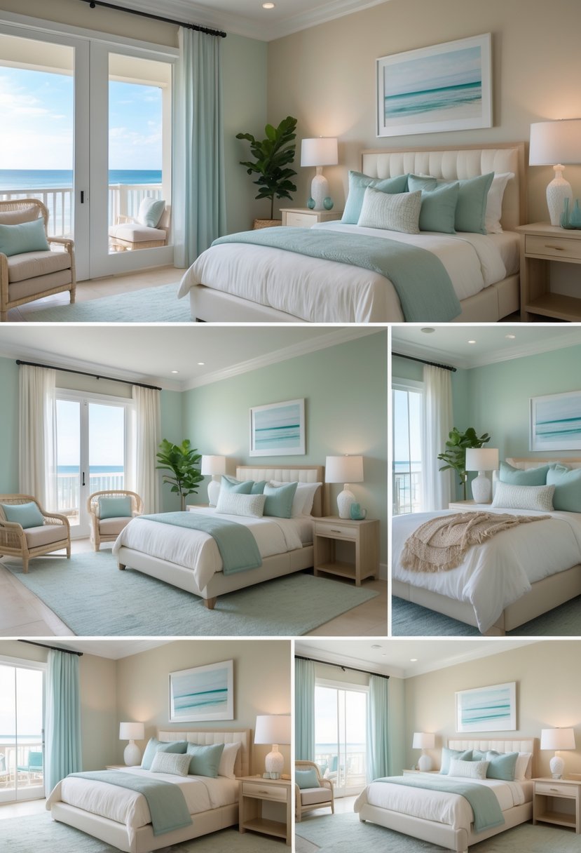 A bright and spacious bedroom with calming coastal colors, soft bedding, light wood furniture, and large windows letting in natural light.