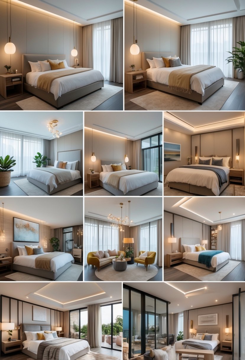 A collection of ten different bedroom interiors showing beds, furniture, lighting, and decorations arranged to create comfortable and inviting living spaces.