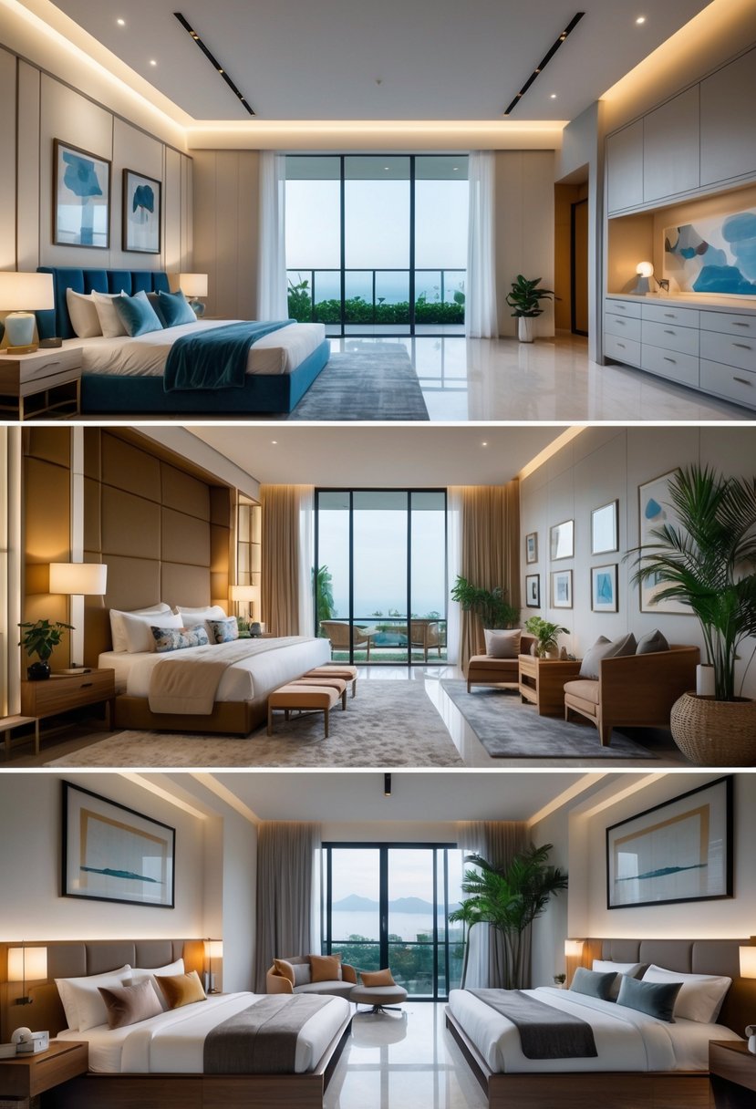 View of three different bedrooms in a modern home, each furnished and decorated uniquely, showing a spacious and well-lit multi-bedroom interior.