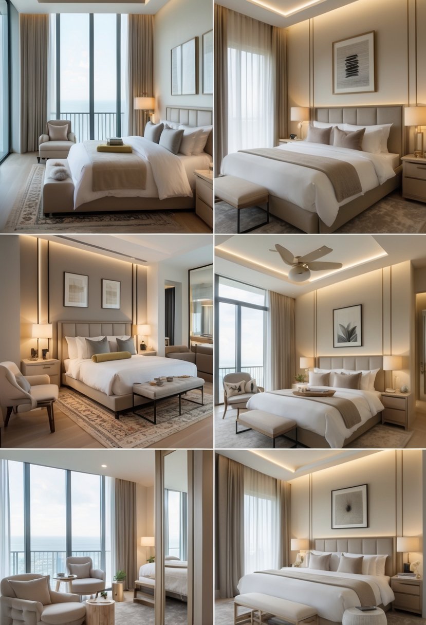 A bright and spacious interior showing multiple bedrooms with comfortable beds, stylish furniture, and natural light.