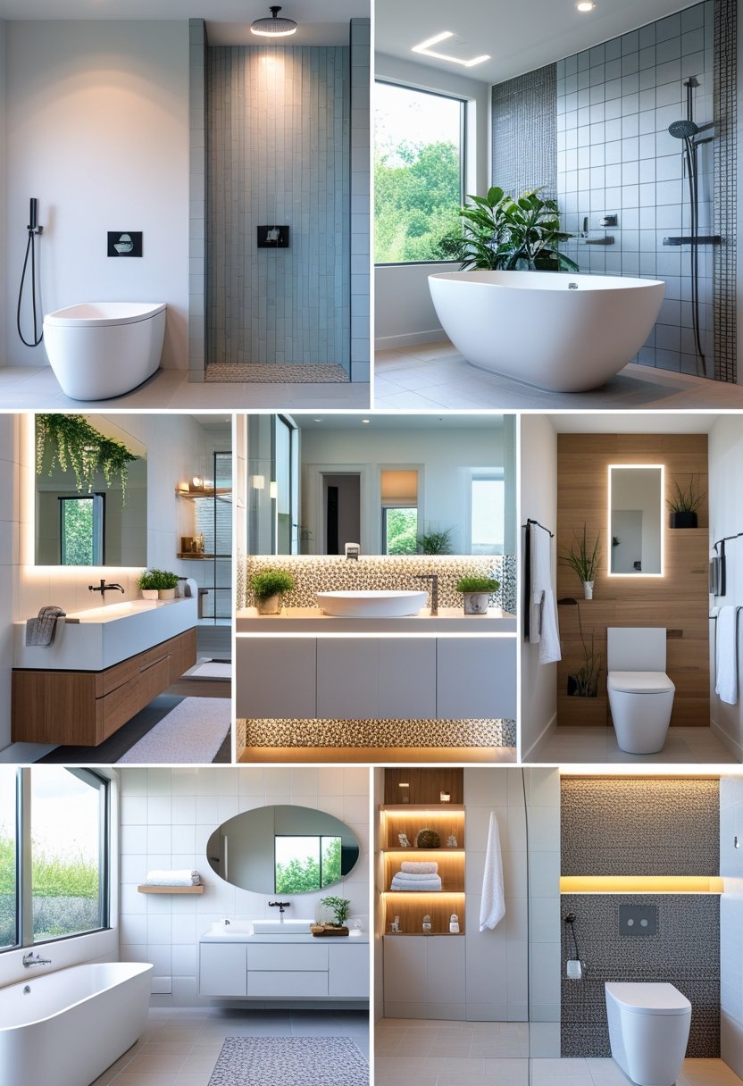 A modern bathroom featuring a bathtub, walk-in shower, floating vanity, wall-mounted toilet, decorative tiles, built-in shelves with plants, and recessed lighting.